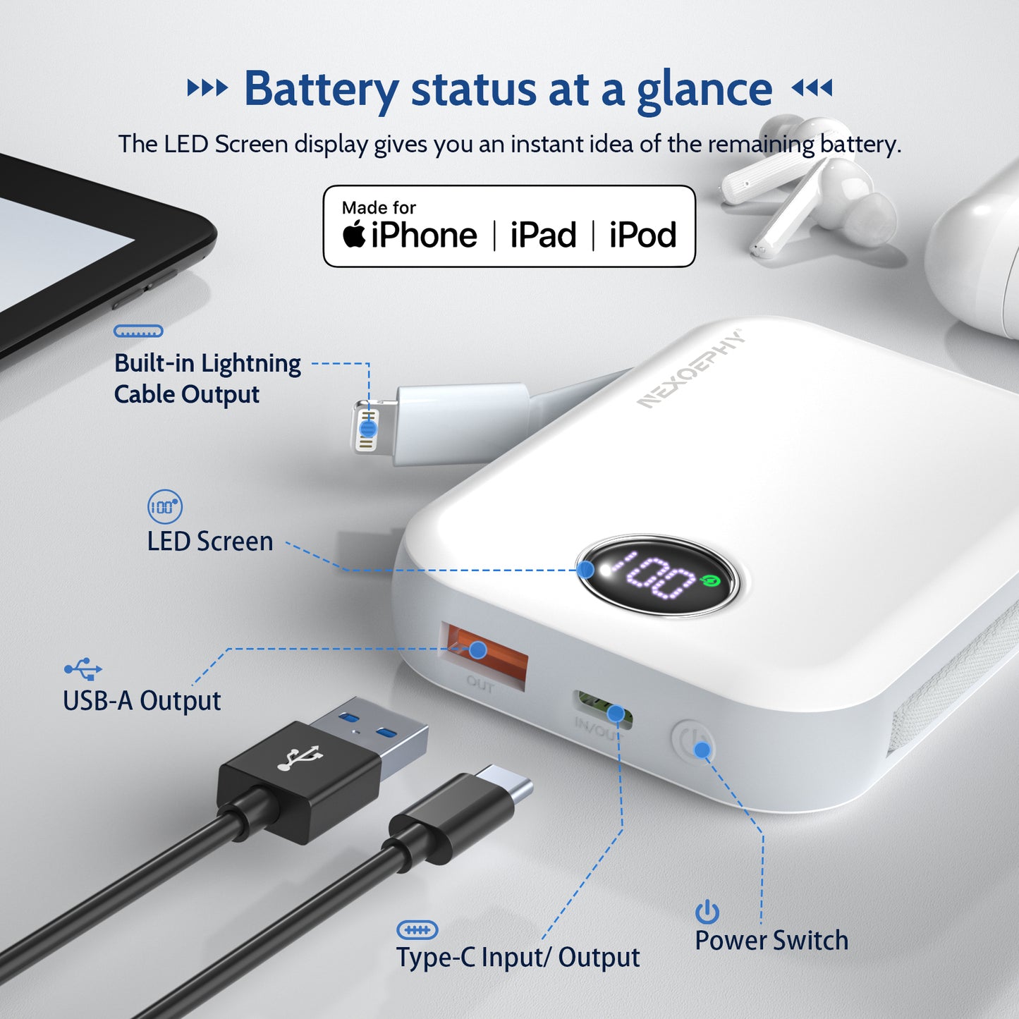 E43A 10000mAh Magnetic Power Bank（Built-in Lightning Cable）